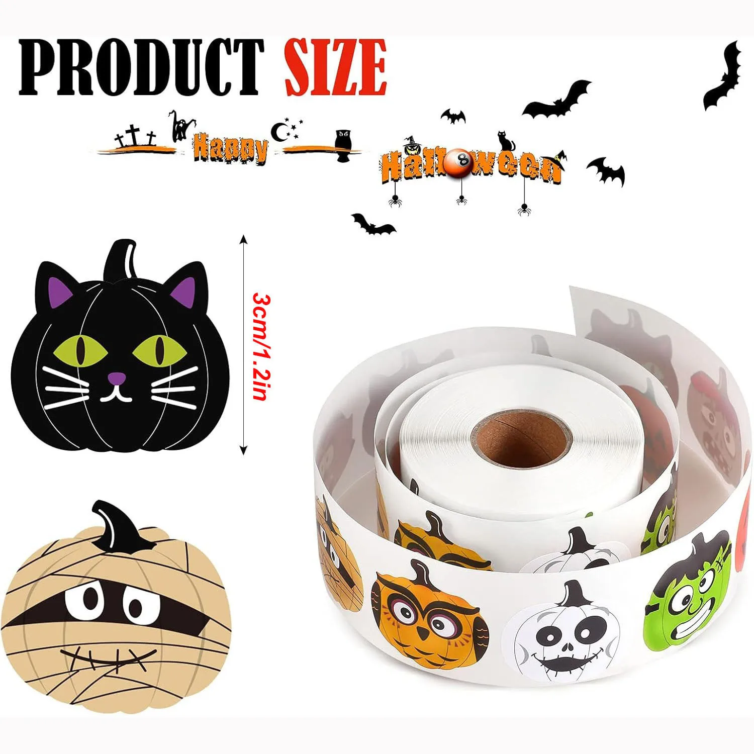 500Pcs Halloween Stickers 1.2 Inch Halloween Pumpkin Character Roll Stickers 8 Designs Pumpkin Face Favor for Party Decor