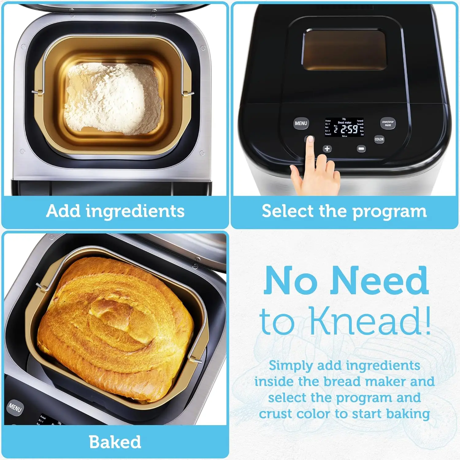 เครื่องทํา - โปรแกรมที่ปรับแต่งได้ 15 โปรแกรม, สีเปลือก 3 สีและก้อนสูงสุด 2 ปอนด์, เครื่องทําขนมปังอัตโนมัติสแตนเลสพร้อมแป้ง