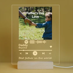 Tablero acrílico personalizado con código de canción de foto con Base de madera LED, juego de luces USB para regalo del Día del Padre