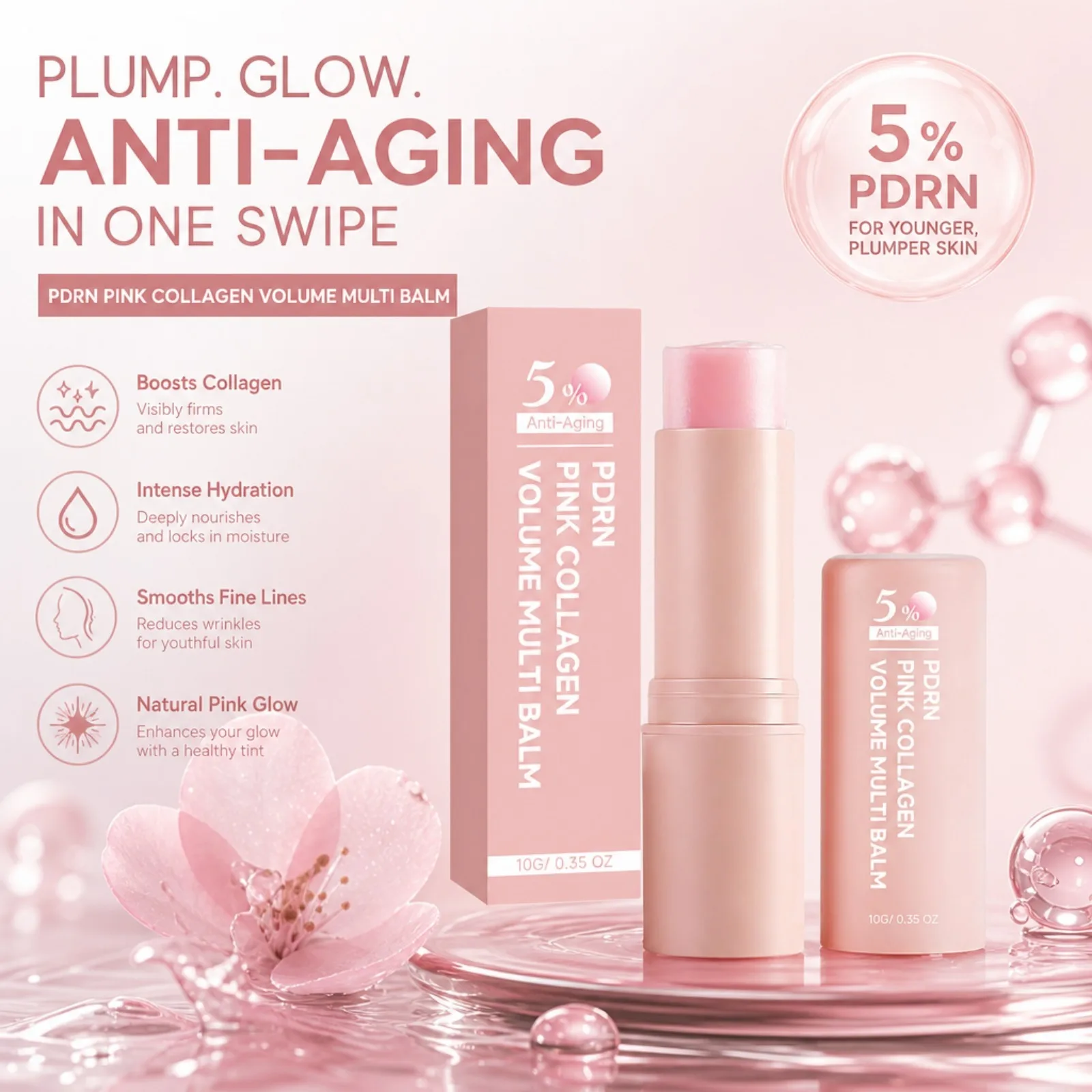 Pdrn Pink Collagen Multi Balm Stick for Helping Look Fine Lines, Firming Care Moisturizing Bar Portable Facial