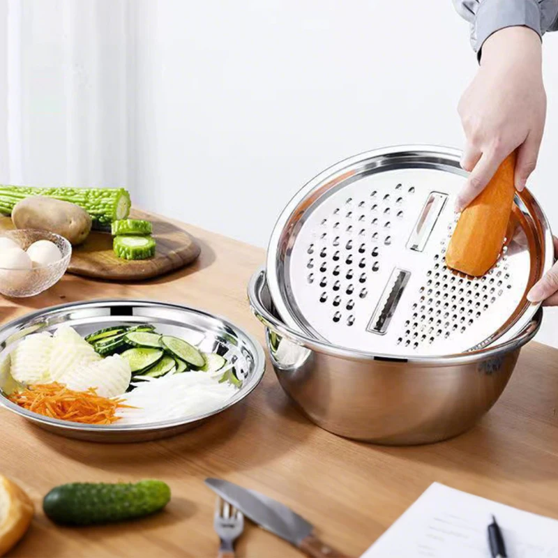 

3Piece Set Stainless Steel Multifunctional Strainer Mixing Bowl for Fruit & Veg Wash Potato Mandoline Slicer Kitchen Grater Set