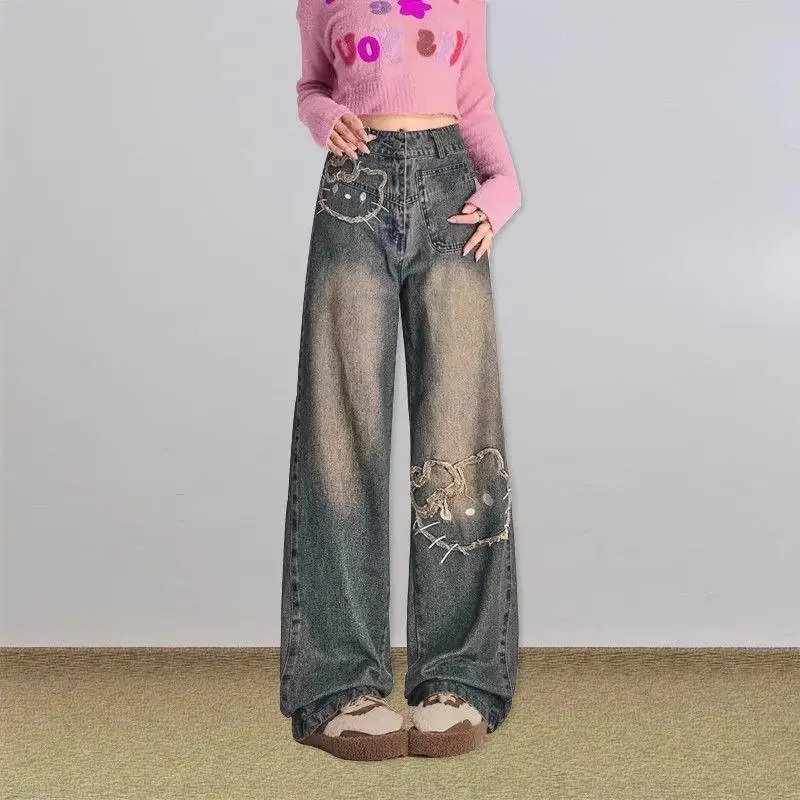 Kawaii Sanrios Y2K Hellokittys Girl Wide Leg Pants Anime Casual Jeans Cartoon Loose Large Size Straight Leg Pants Cute Trousers