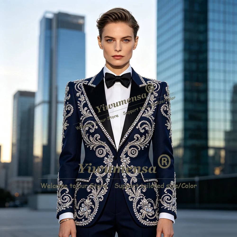 Exclusive Design Women Suits Crystals Beaded Stones Jacket Pants 2 Piece Sets Lady Business Party Tuxedo Customized Female Coat view 2