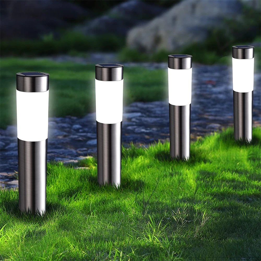 Solar Stainless Steel Pathway Light Large LED Courtyard Outdoor Garden Cylindrical Outdoor Waterproof Lawn Light Lamps