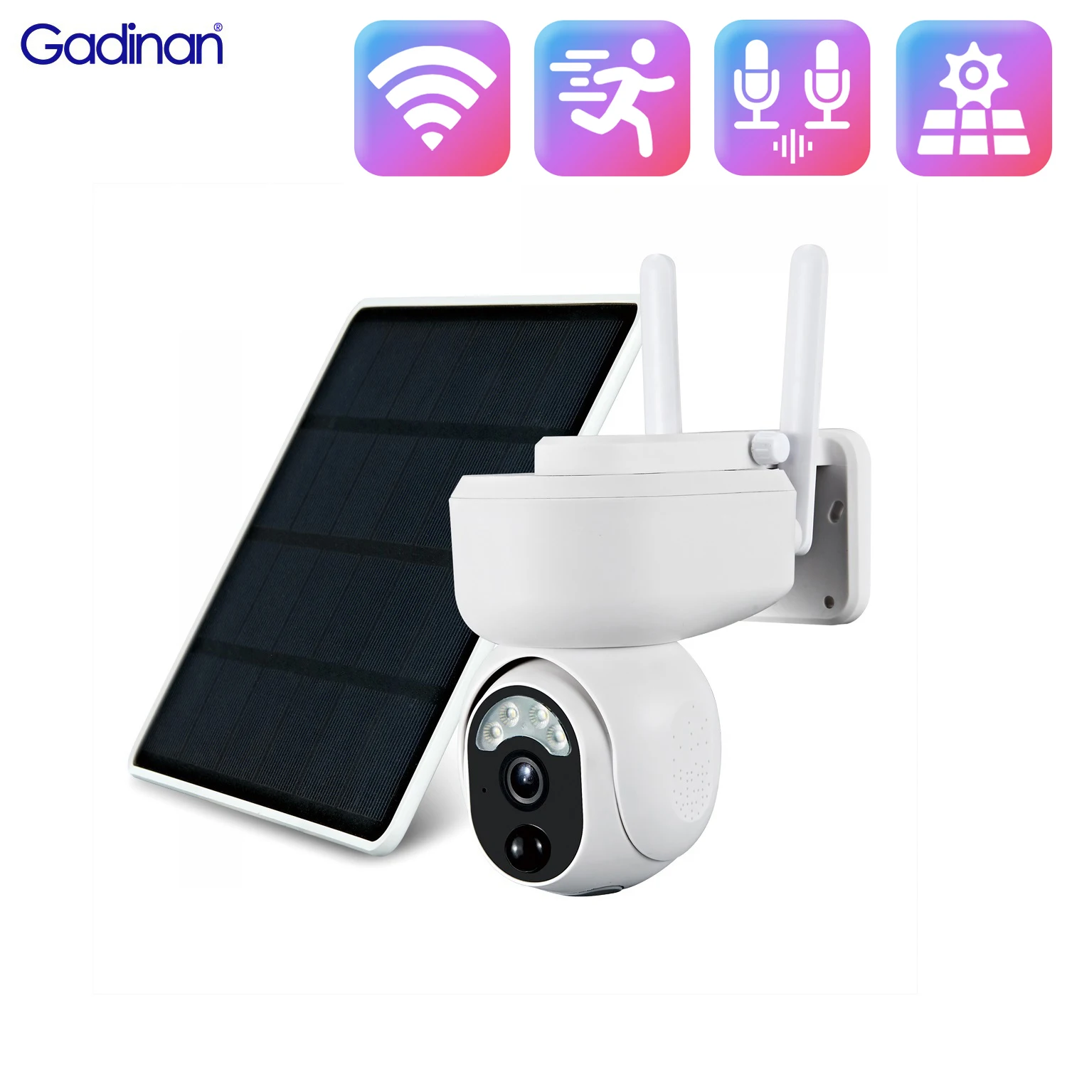 Gadinan 4MP 2.4G/WiFi Solar Panel IP Camera 4 Array Leds Night Visioin 4X Digital Zoom H.265+ CCTV Surveillance Security Camera