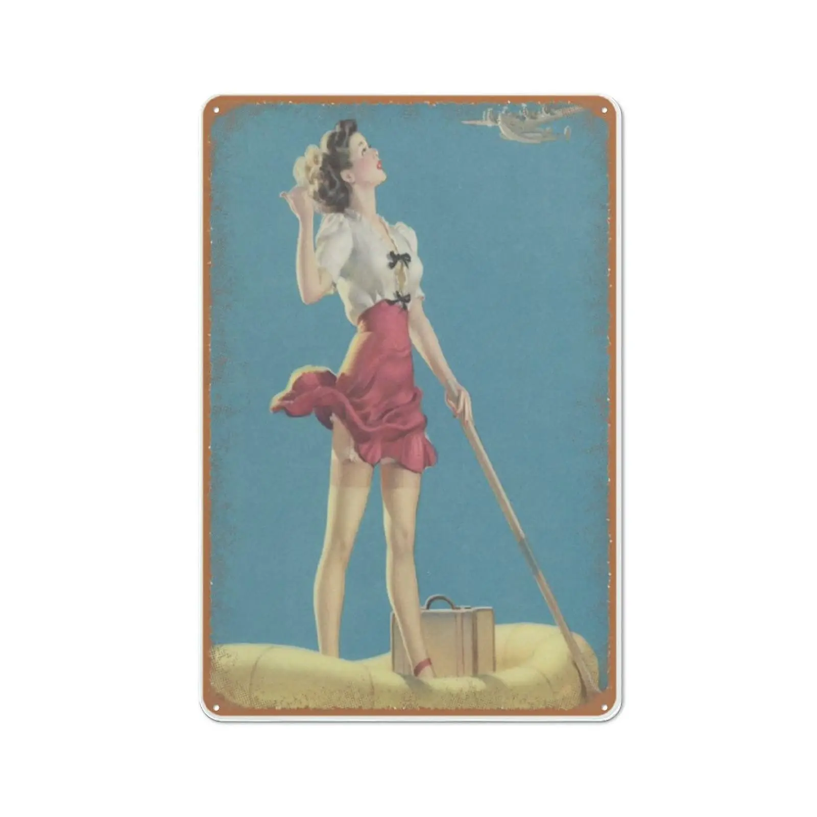 1940s Pin-Up Girl, Going My Way,Girl Stranded on Raft Flagging Seaplane,Sexy Girl Wall Art,Vintage Garage Metal Sign for Man Cav