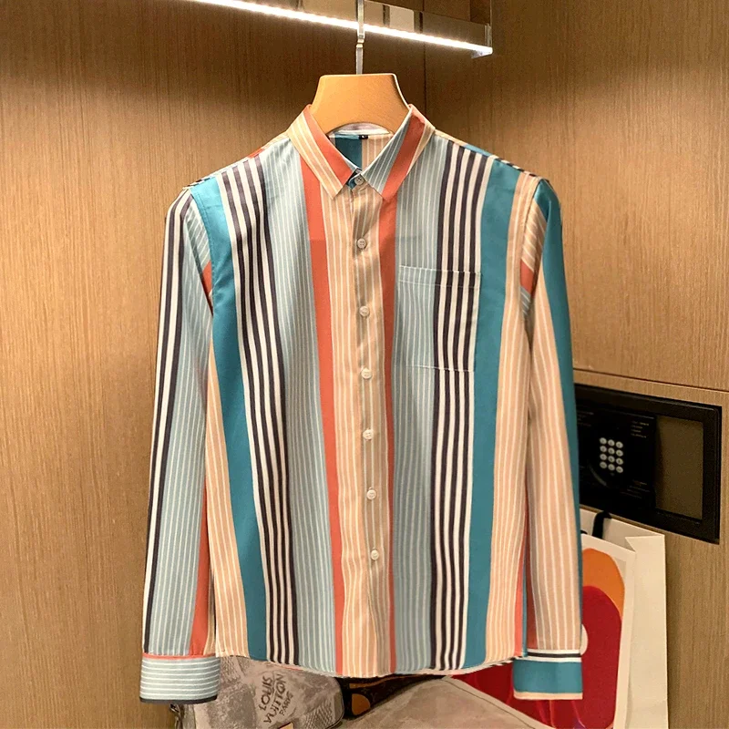 2023 Spring Autumn Handsome Fashion Mens Shirts Button Down Slim Fit Long Sleeve Striped Shirts Men Long Sleeve Blouse Top