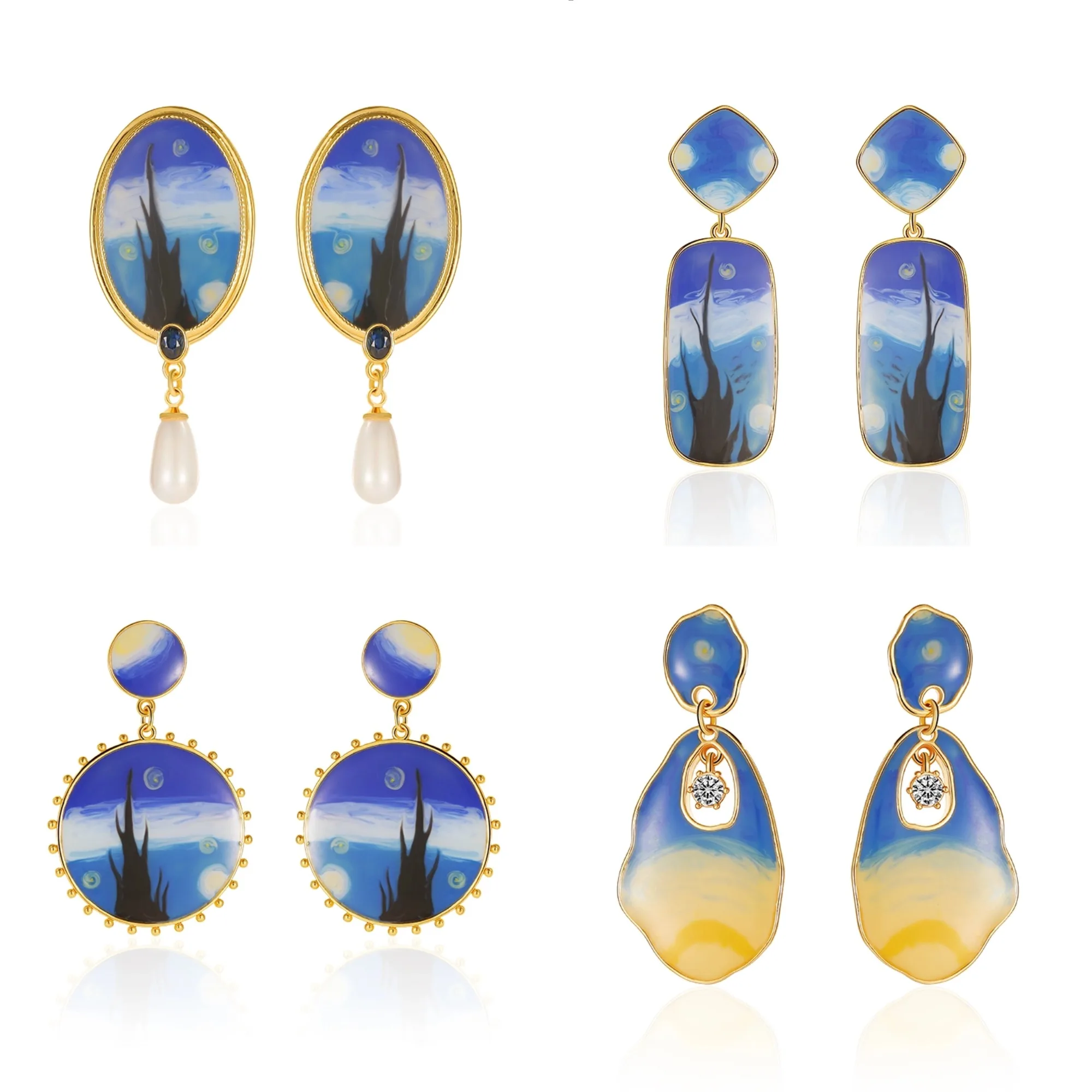 Blue Starry Night Teardrop Earrings - Art-Inspired Van Gogh & Monet Sunflower Series Collectible Accessory