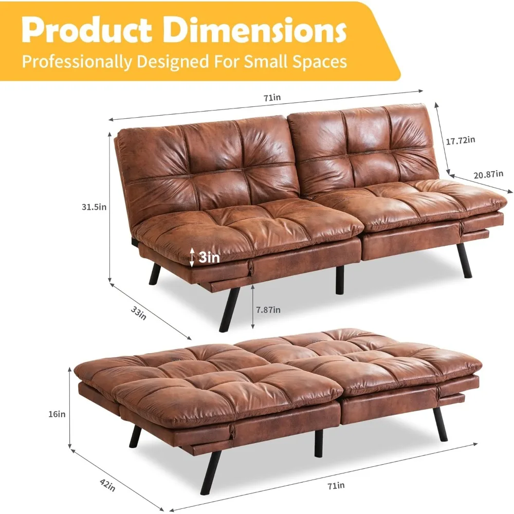 Bed, Leather Futon Couch Foldable Loveseat Sofas, Natural Brown