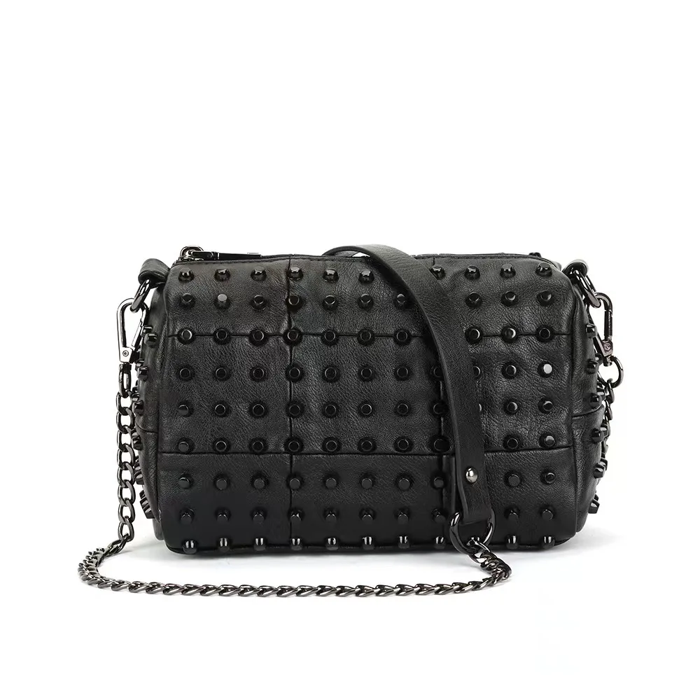 

SHELKSBAG Black Vintage Women's Bag 2025 New Style Soft Leather Rivets Small Handbag Ladies Single Shoulder Chain Crossbody Bags