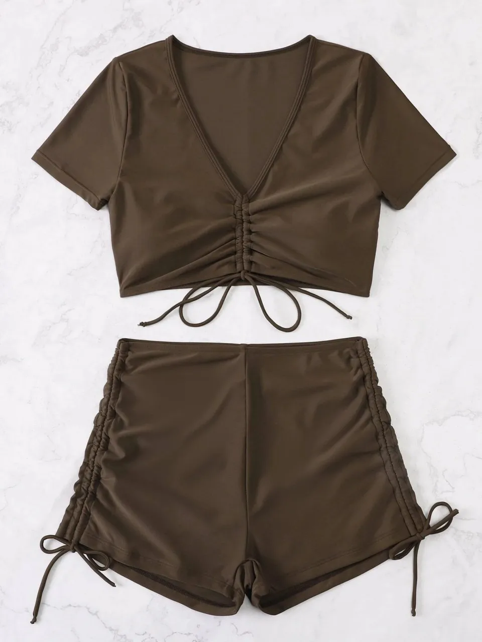 

Сексуальный комплект бикини на шнурке 2024, женский купальник из двух предметов с короткими рукавами, женский плиссированный купальник с высокой талией, купальный костюм