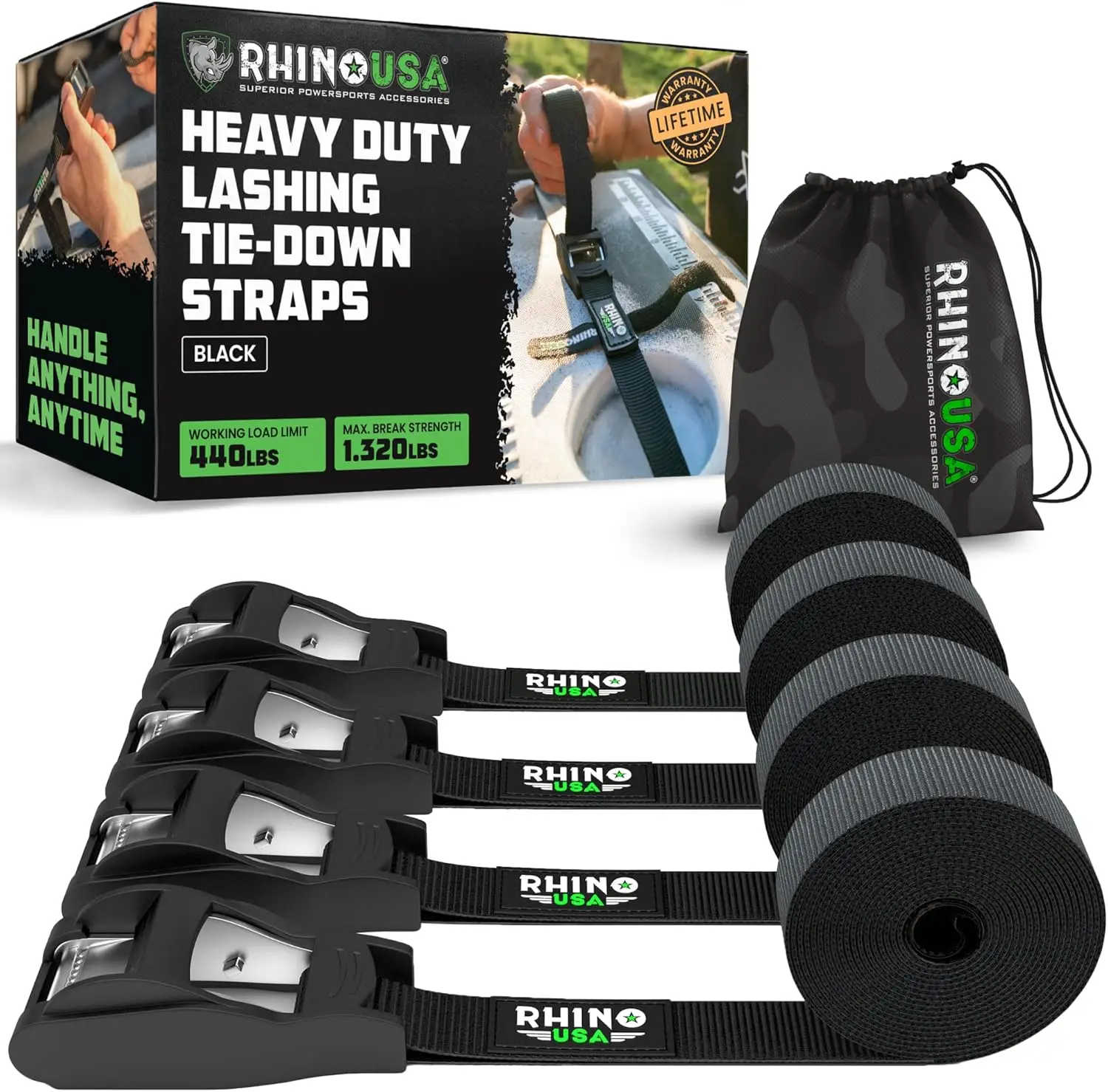 

Heavy Duty 1in x 12ft Cam Buckle Tie Down Straps (4 Pack) - 1320lb Break Strength for Kayak, Cooler, Cargo