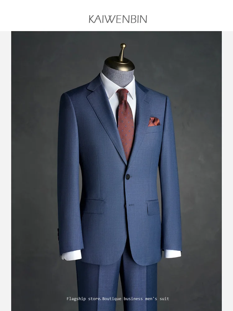 

Suit for Men Fine wool 100% Half-canvas Blue 2-Pieces Jacket Pants Casual Business Groom Custom Made High Quality Wedding