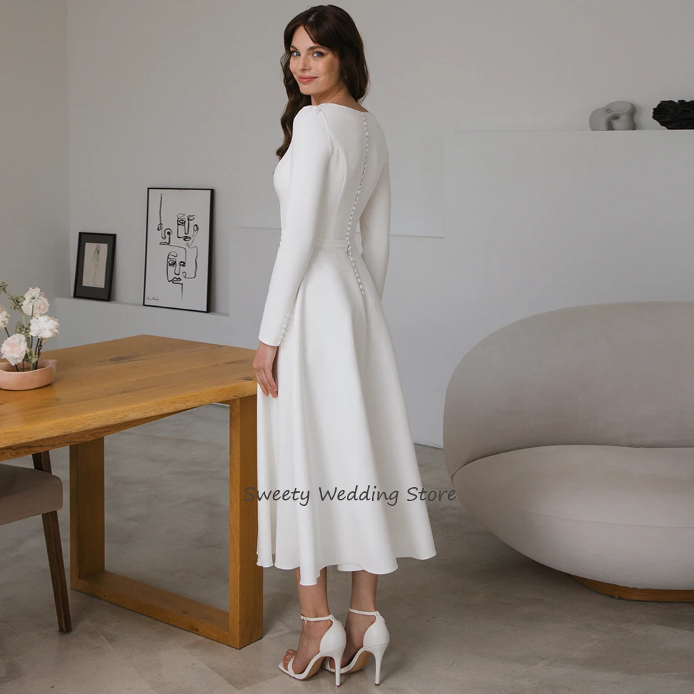 Customized Simple Short Wedding Dress V Neck Full Sleeves Back Zipper Buttons Tea Length A Line Bridal Gown Robe Mariee