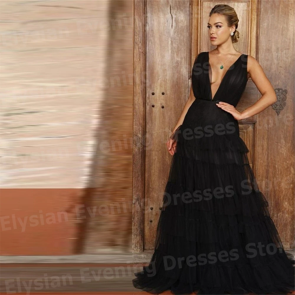 

Элегантные черные женские вечерние платья трапециевидной формы для выпускного вечера без рукавов по индивидуальному заказу с v-образным вырезом и открытой спиной для вечеринки Vestido De Gala Noche Mujer