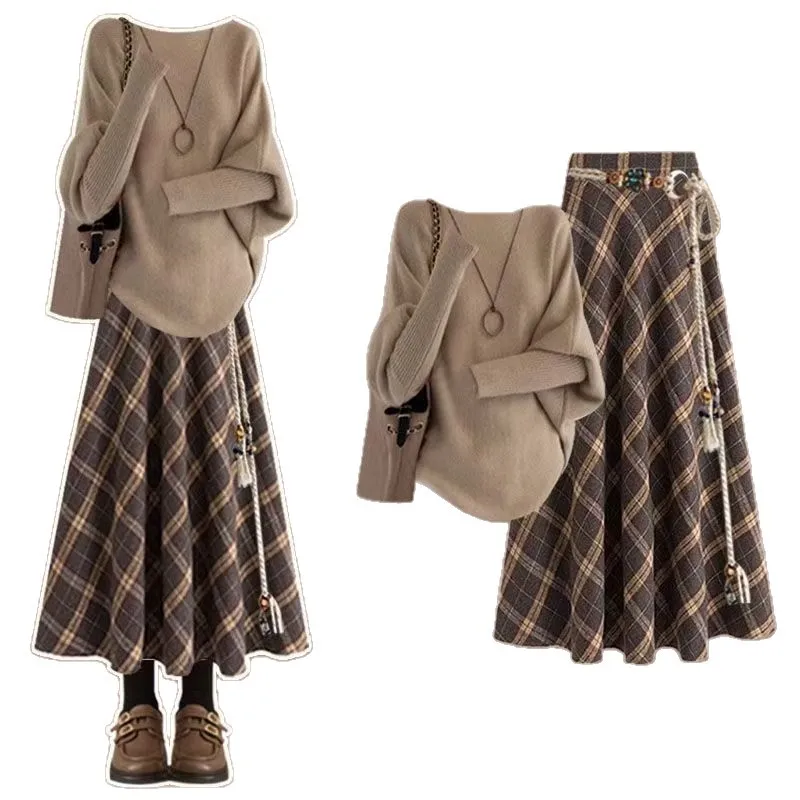 Autumn and Winter Set of Women's New Meilad Fashion Knitted Sweater+slimming Plaid Skirt Two-piece Set