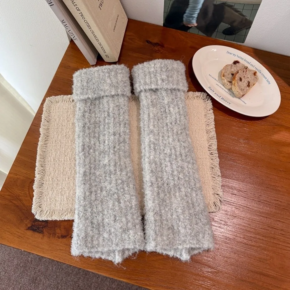 Thick Warm Knitted Leg Warmers Turn-Cuff Design Fleece Lining Fuzzy Leg Warmers Stretchy Fabric Knitted Texture Calf Leg Socks