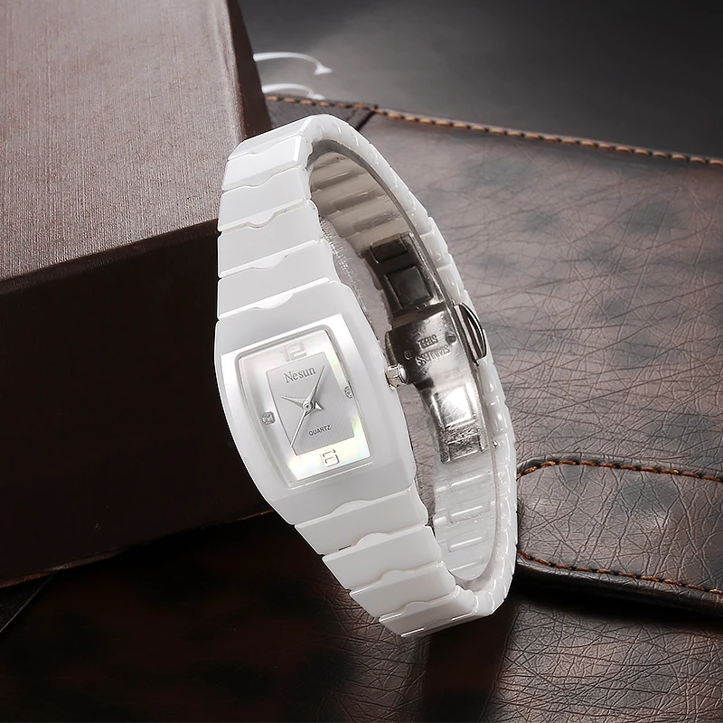 NESUN For Women Japan Miyota Quartz Casual Wristwatch Ceramic Case Band Rectangle Rhinston For Gilrs Female New Gift Clock Clock