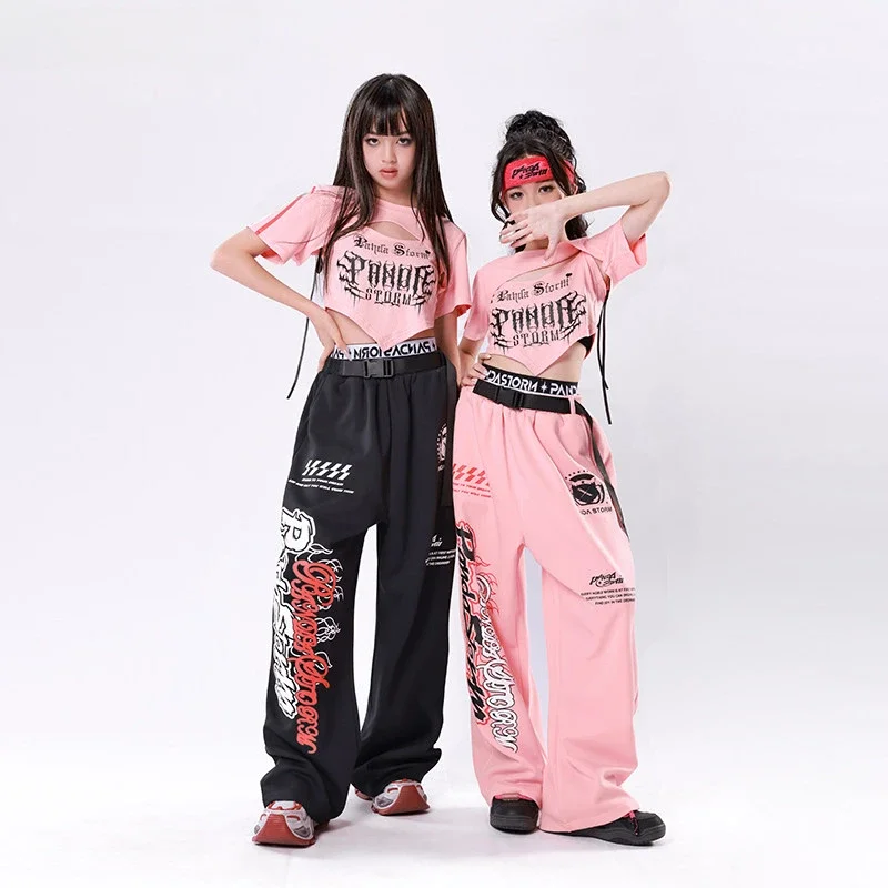 Mädchen Jazz Dance Kostüm Rosa Crop Tops Hosen Kleidung Gruppe Hip Hop Streetwear Bühne Leistung Outfits Kpop Modern Dance Wear