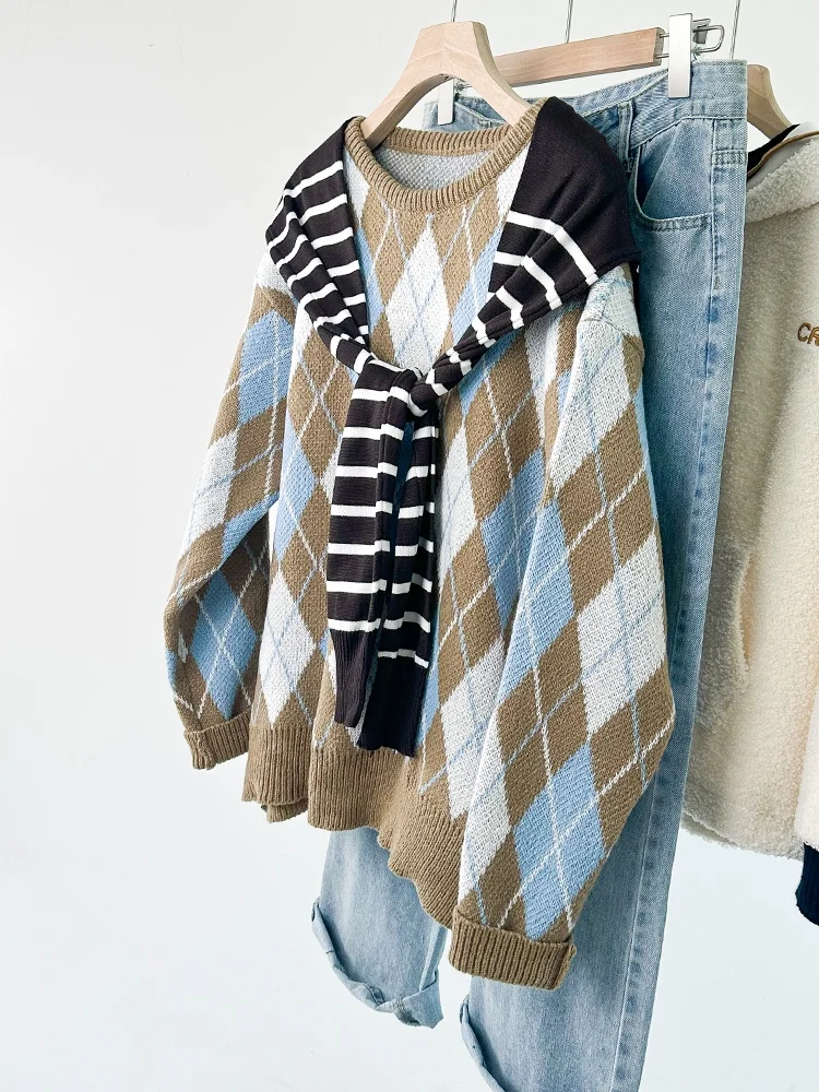 

INZEVUKA Lazy Sle Color Blo Sweater Women's Winter New Bla Stripe oulder awl Two-Piece Set Diamond Pattern Loose Fit