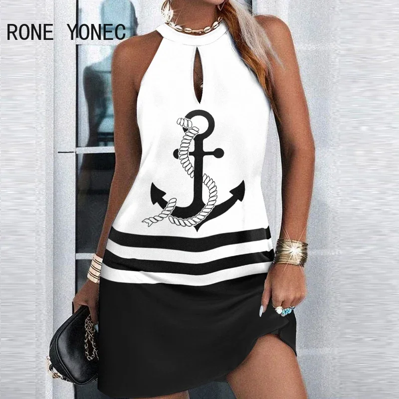 Women Chic Hollow Out Halter Sleeveless Sailing Series Pattern A-line Party Mini Sexy Dress