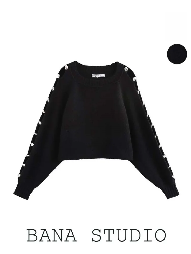 

Крутой ор круглый вязаный свитер Ne Metal Hollow Out Design Bla White BANA Faion Commute Sle Blend Fabric Long Sve
