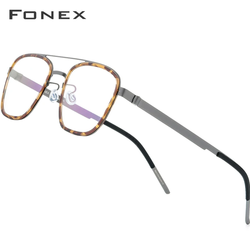 FONEX Acetate Alloy Glasses Frame Men Women Vintage Square Frames Eyeglasses Screwless Eyewear 98628