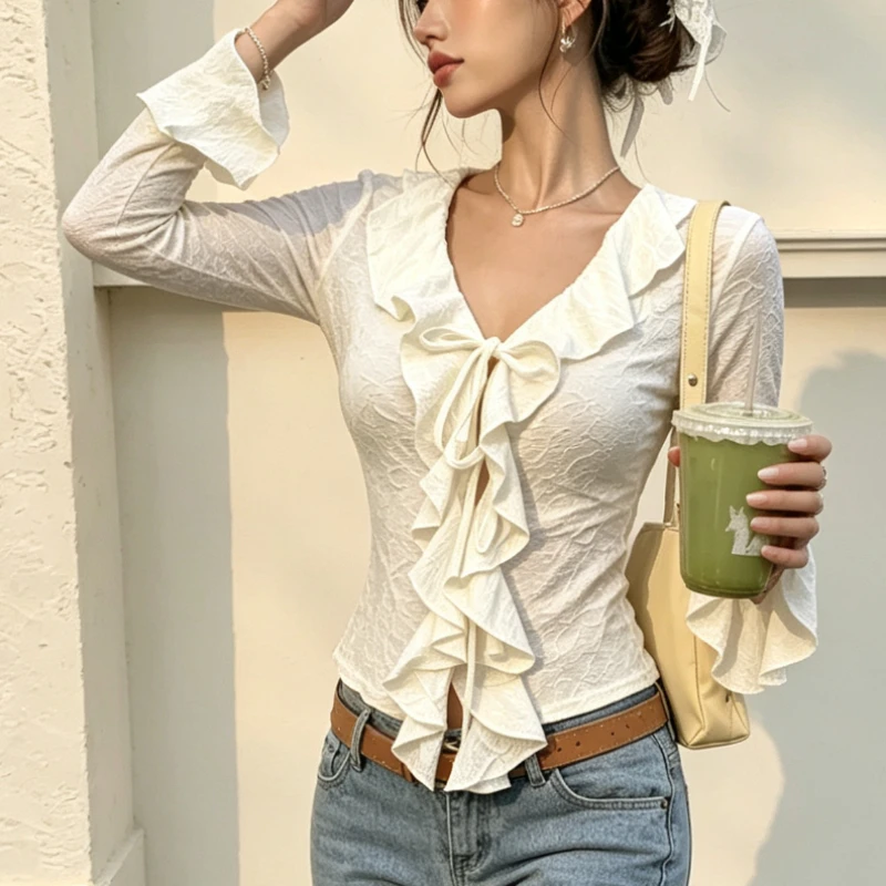 2026 New Chic French Romantic Solid Ruffle Edge Self-tie Bow Slim Long Sleeve Top, Women Milky Apricot Casual T-shirt