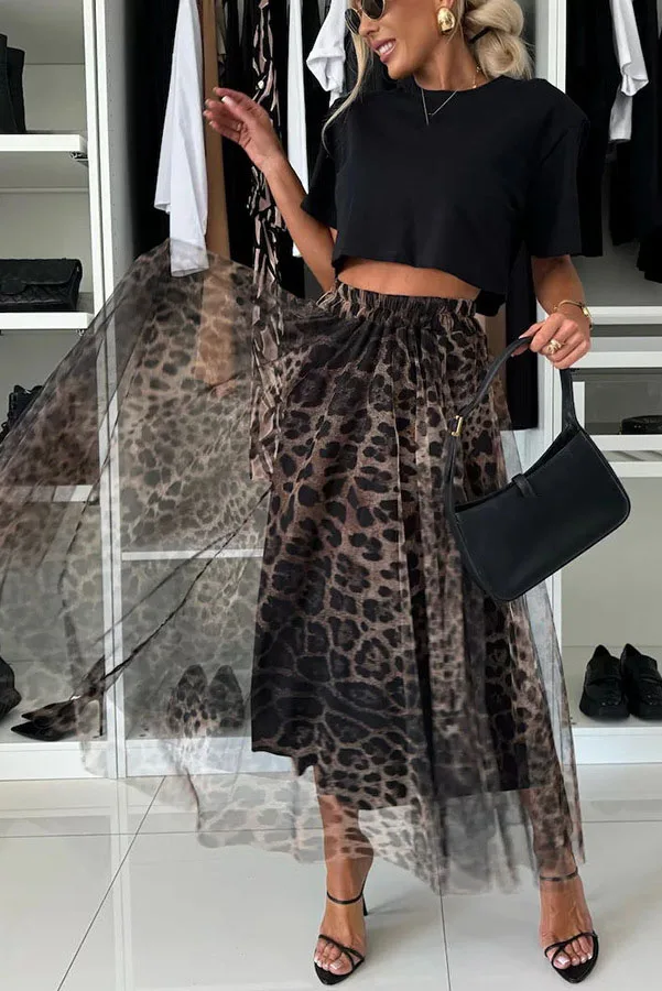 Spring New Leopard Print Skirt Elegant Elastic High Waist Splicing Mesh Long Skirt Women's 2025 Fashion Slim Party Half Skirts