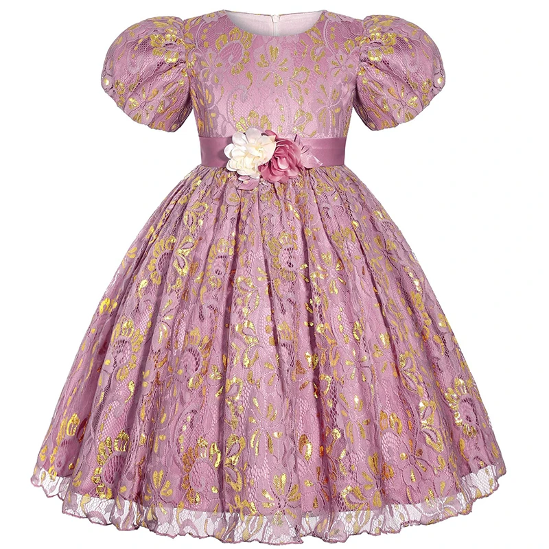 

New Flowers Girls Dress Summer Fashion Bubble Sleeve Mesh Little Princess Dress Piano Performance Evening Gowns 2-10 Years Old