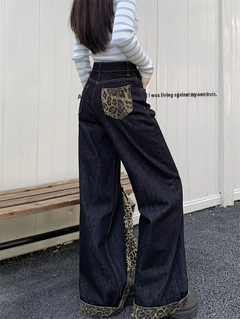 New Women's Spring Autumn Rolled Hem Stitched Leopard Print Wide Leg Jeans Floor Length Straight Slim Fit Long Pants