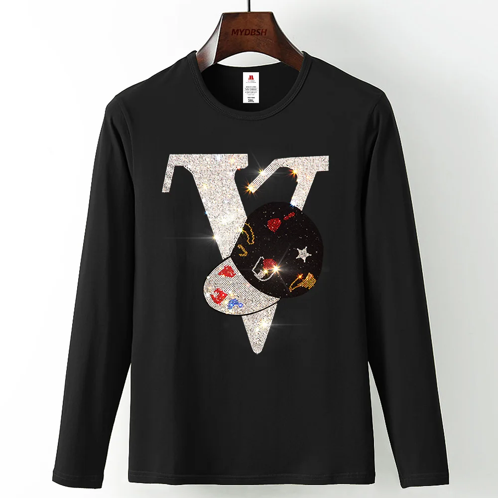 

Новое поступление, Мужская одежда, футболки с V-образным вырезом и надписью Стразы Hat со стразами и длинным рукавом, графические футболки с рисунком сзади в школу, мужские топы с длинным рукавом