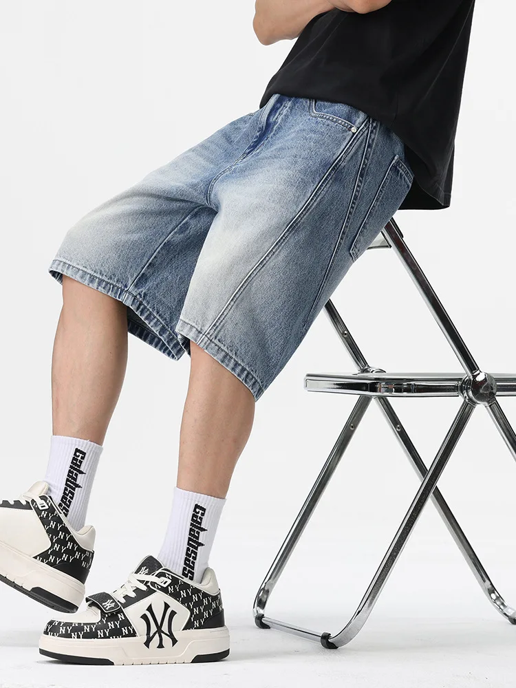 

Men Summer Vintage Washed Denim Shorts American High Street Style Loose Wide Leg Straight Five Pants Casual All Match Male Jeans