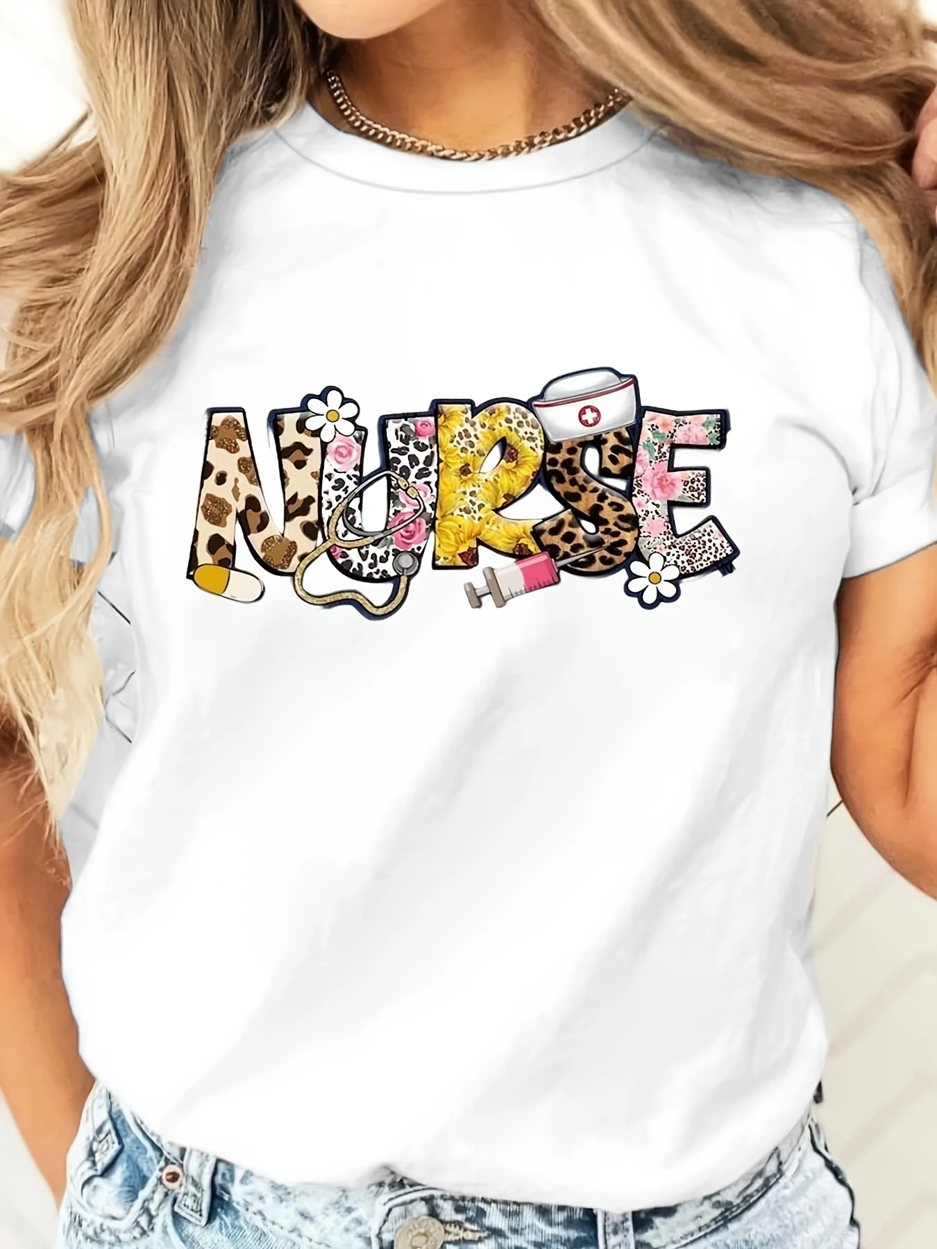 Leopard Print Nurse Graphic T-Shirt, Nursing Profession Appreciation Gift, Casual Daily Wear For Healthcare Workers