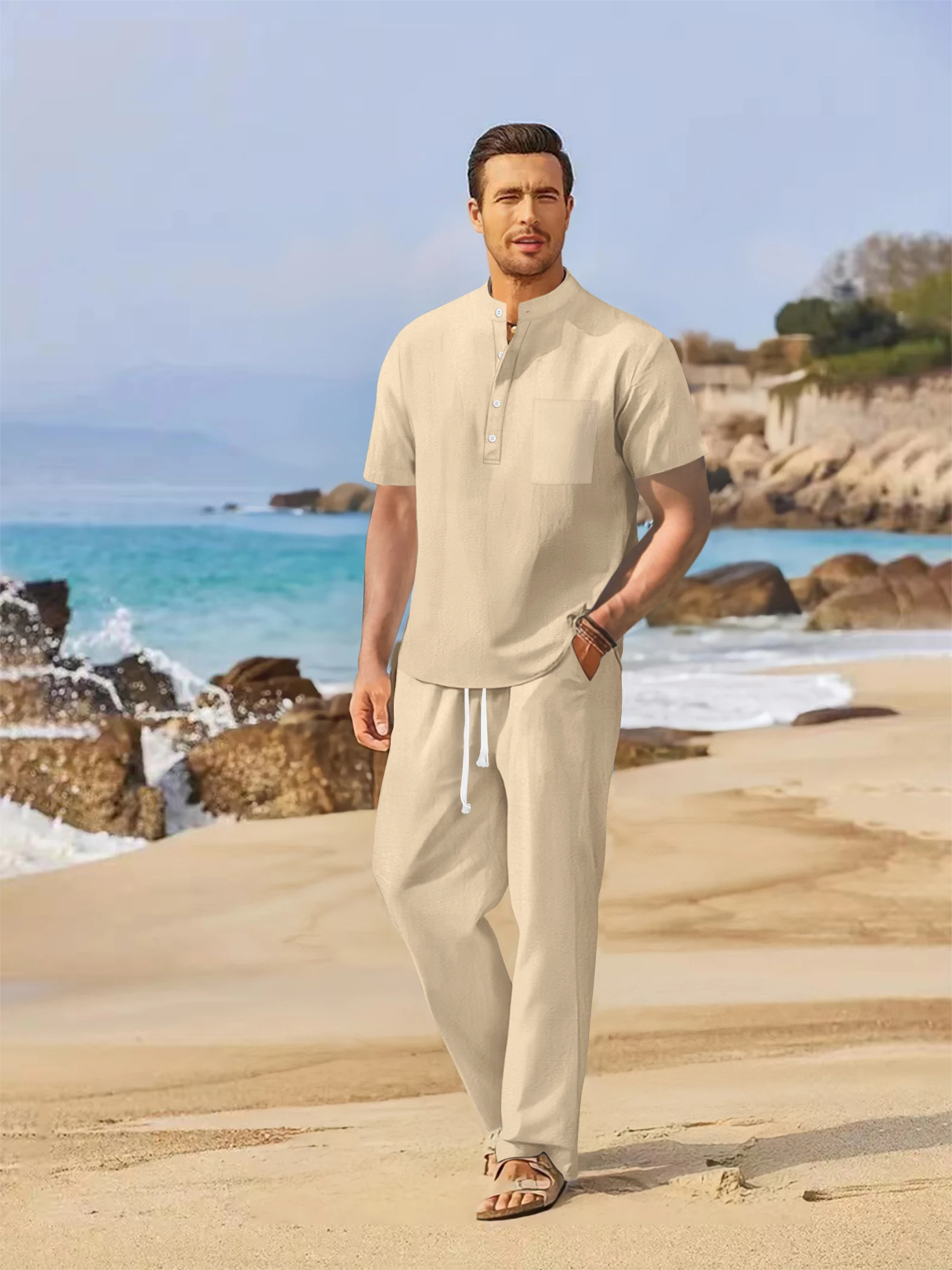 

Summer men's cotton and linen set casual Henley shirt short sleeved+loose straight leg pants solid color two-piece set