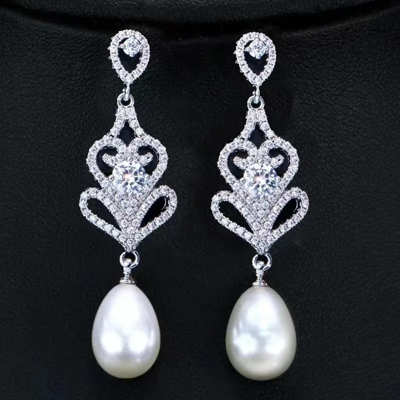 Vintage Pearl Zircon Dangle Earring 925 Sterling silver Party Wedding Drop Earrings for Women Promise Jewelry Birthday Gift