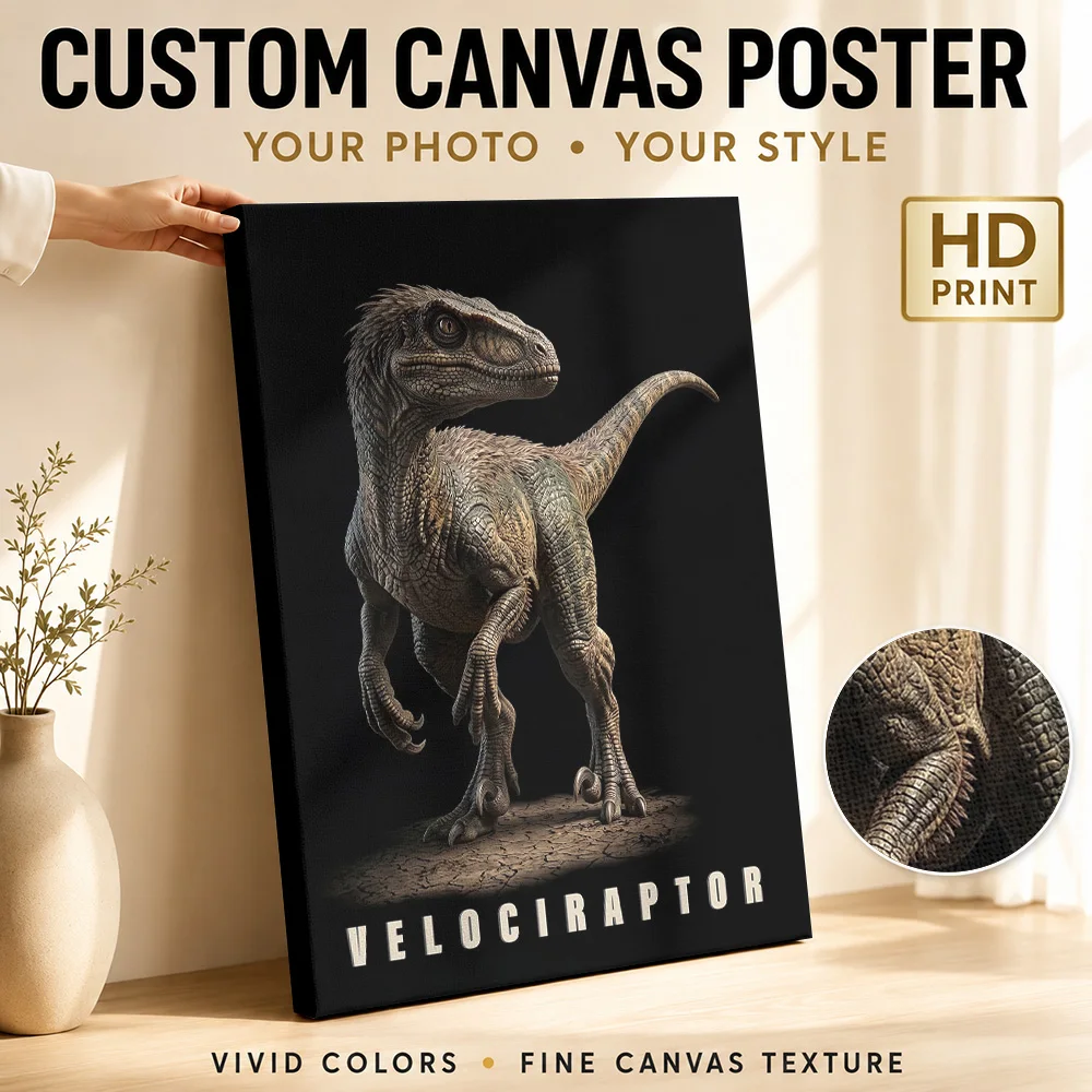 Detailed Velociraptor Dinosaur Framed Canvas Poster Personalized Photo Museum Style Wall Art Kids Room Decor Paleontology Gift