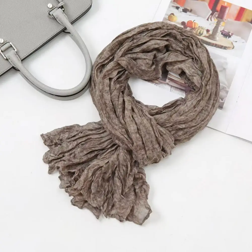 Women Scarf Women’s Solid Color Pleated Scarf Versatile Long Cotton Linen Shawl Retro Style Comfortable Fashion Accessory