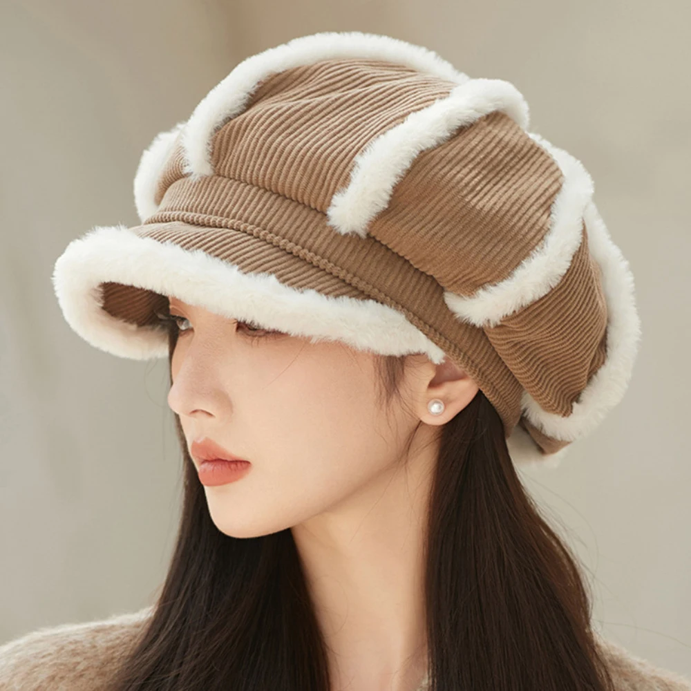 

HT4419 Thick Warm Autumn Winter Cap Hat Vintage Corduroy Beret Hats for Women Retro Octagonal Cap Ladies Fluffy Berets for Women