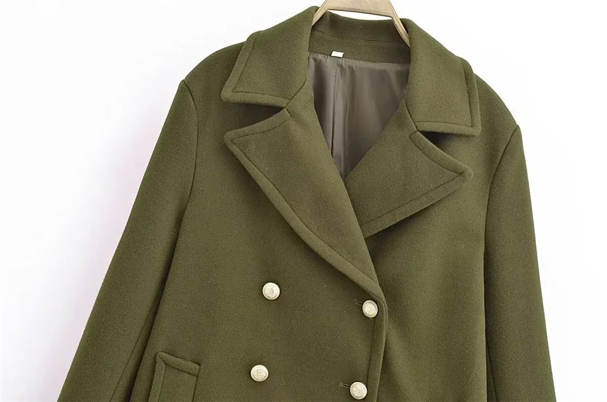 Traje de lana verde para mujer, chaqueta Formal elegante de Cachemira con doble botón, abrigo cálido para oficina, Invierno