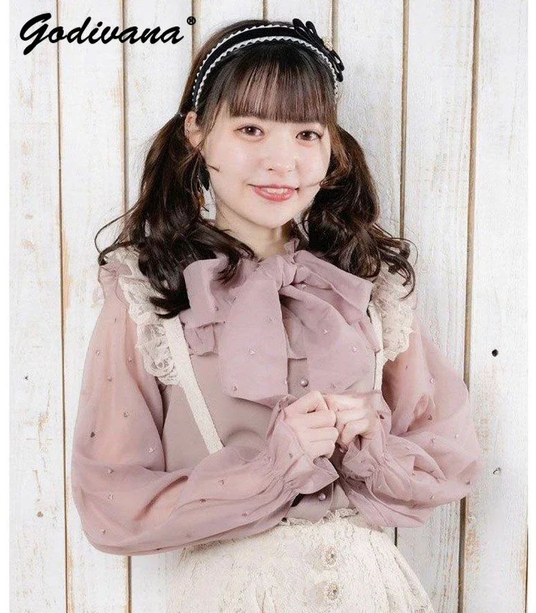 

Japanese Style Rojita Lolita Blouse Mine Wooden Ear Embroidery Love See Through Shirt Ladies Bow Long Sleeve Shirt Tops