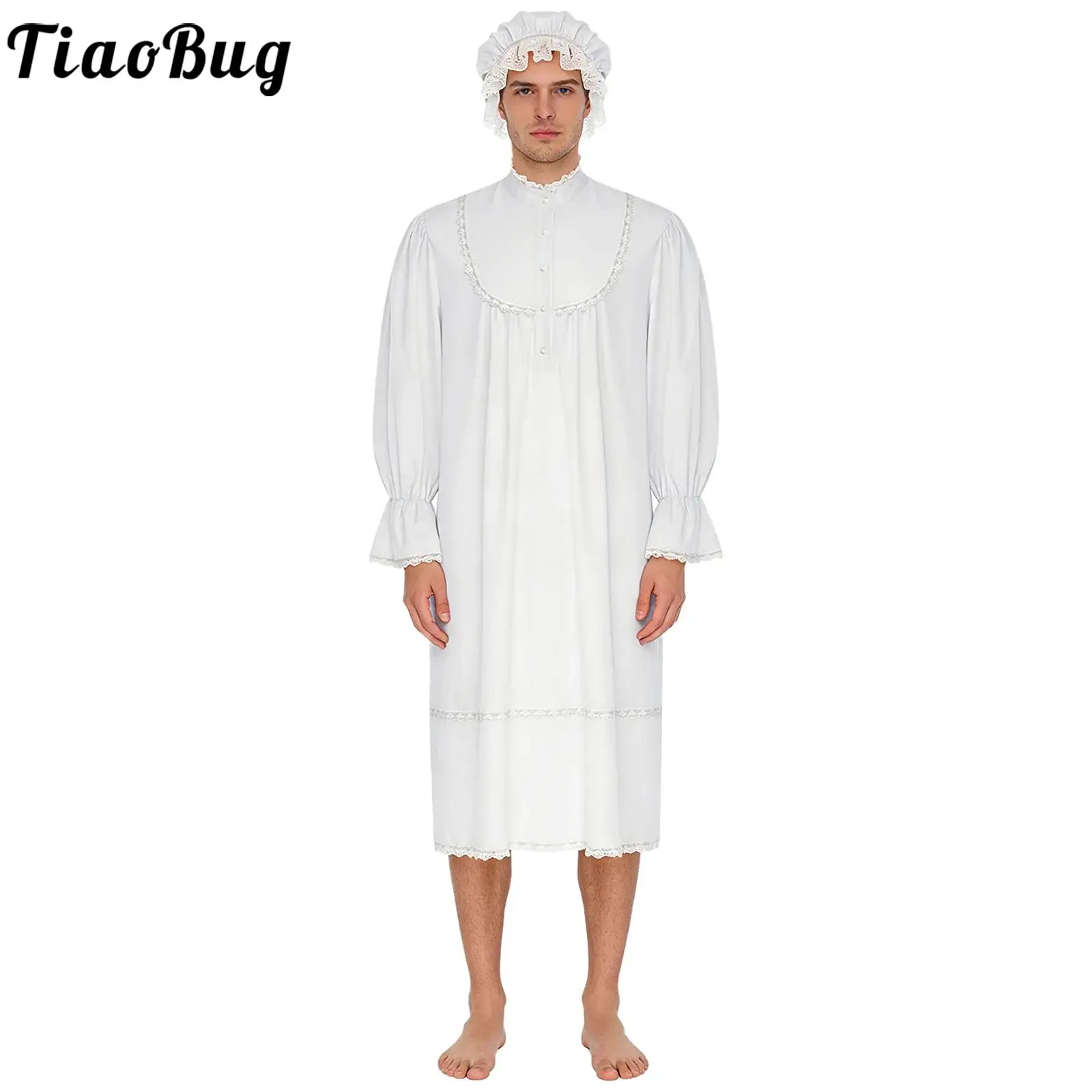 Camisón Victoriano Vintage para Hombre con Gorro para Fiesta de Pijamas, Bata de Dormir, Conjunto de Manga Larga con Puños con Volantes y Ribete de Encaje