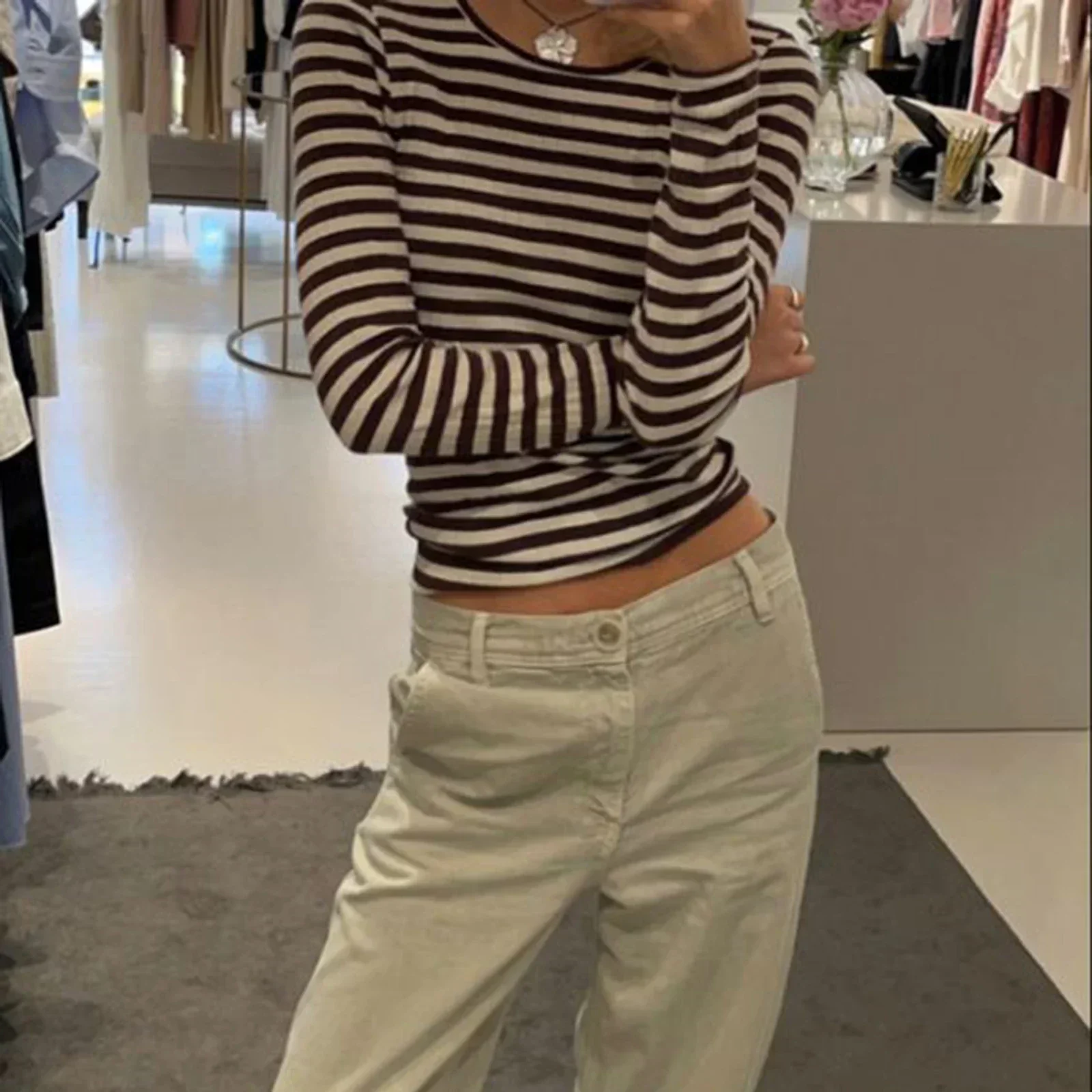 Vintage Preppy Style Y2K Crop Tops Clothes Cottage Striped Rib Knitted T-shirt Women Long Sleeve Casual Basic Tees Pullovers