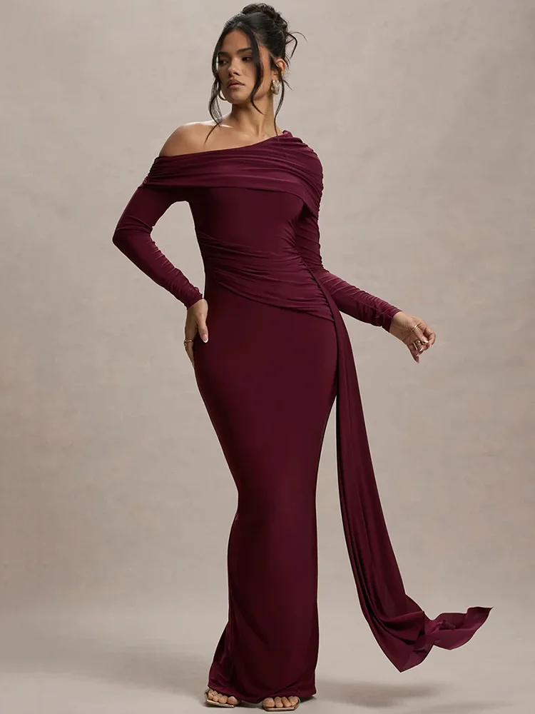 Mozision Skew Collar Long Sleeve Sexy Maxi Dress For Women Gown Fashion Backless Draped Ruched Bodycon Club Long Dress Elegant