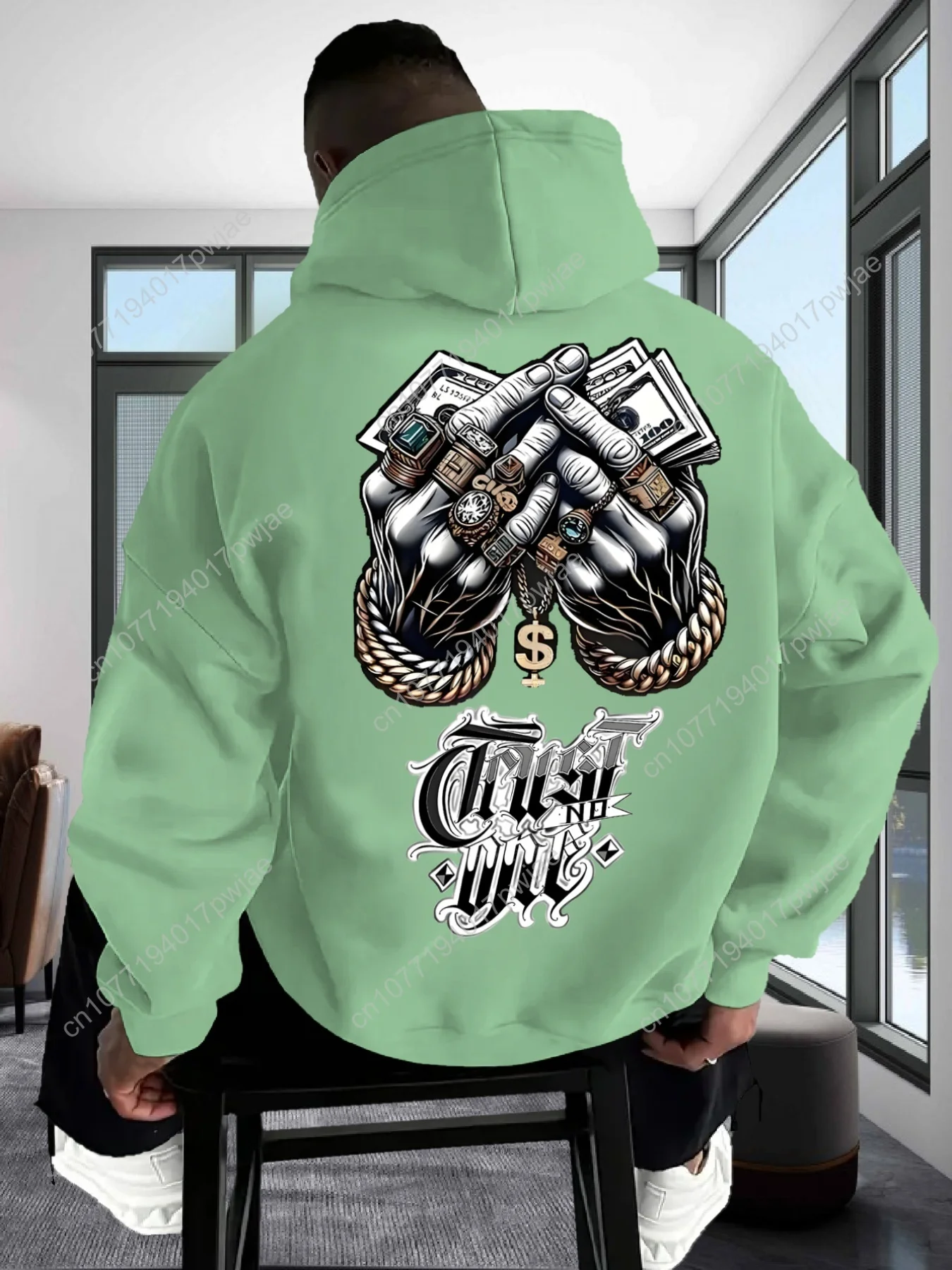 Moletom com capuz masculino com correntes douradas de dinheiro estampa gráfica/pulôver de streetwear inspirado em Rap/moletom casual com cordão