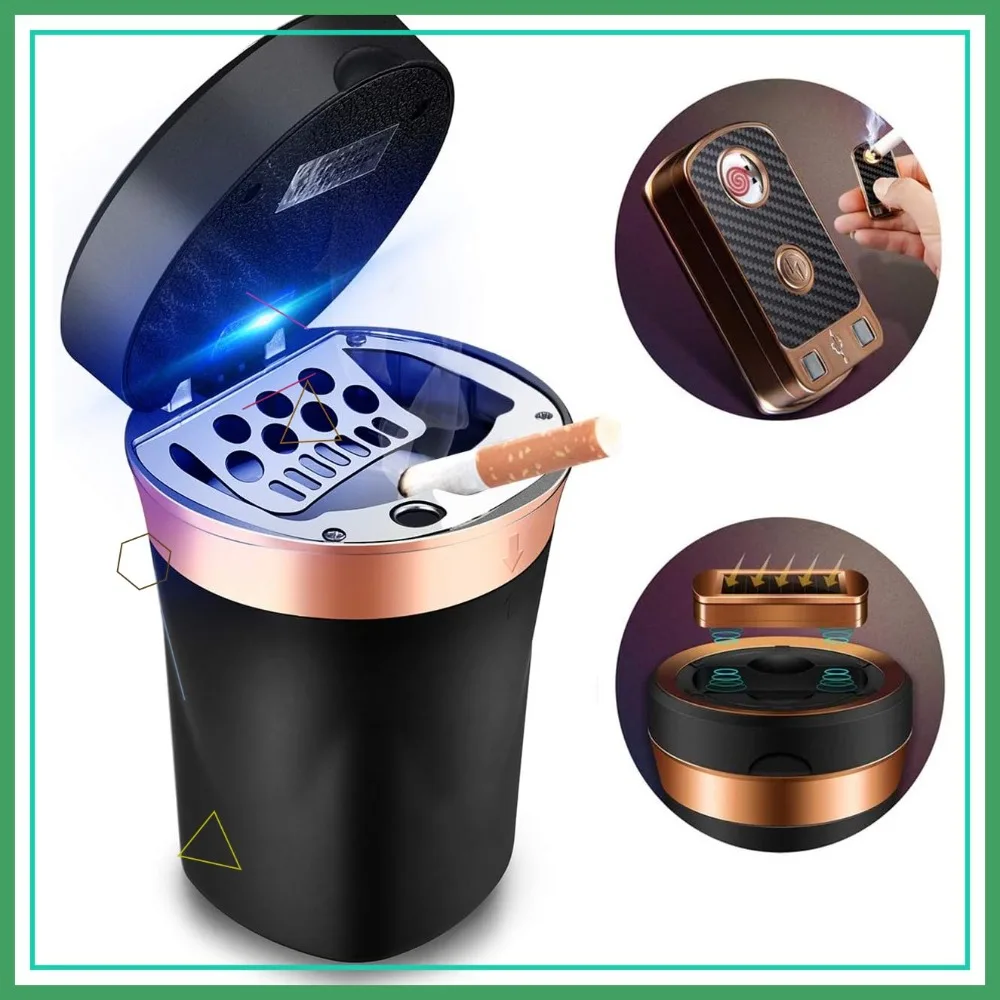 

Car Ashtray with Lighter, Solar/USB Rechargeable, Blue LED, Detachable for Cup Holder
