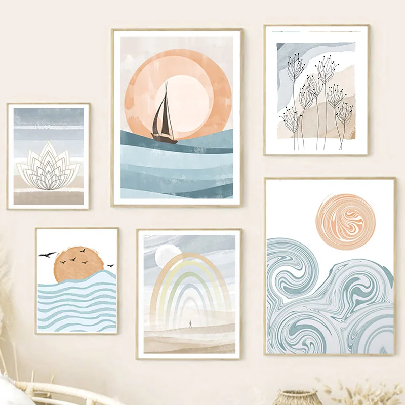 Frameless canvas paintings,Boho Ocean Sun Rainbow Lotus Tree Abstract Landscape Posters And Prints Wall Art Canvas Painting Pict