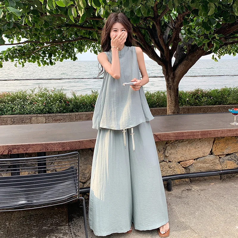 Woman Clothes Set Plus Size Sleeveless Shirts Wide Legs Pants Twinset Maternity Trousers Suits 2026 Summer Fashion