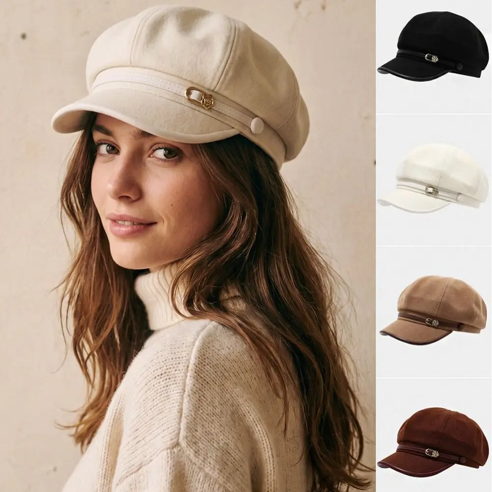Fashion British Style Pu Leather Beret Belt Buckle Brown Painter Hat Korean Style Retro Suede Octagonal Hat Outdoor