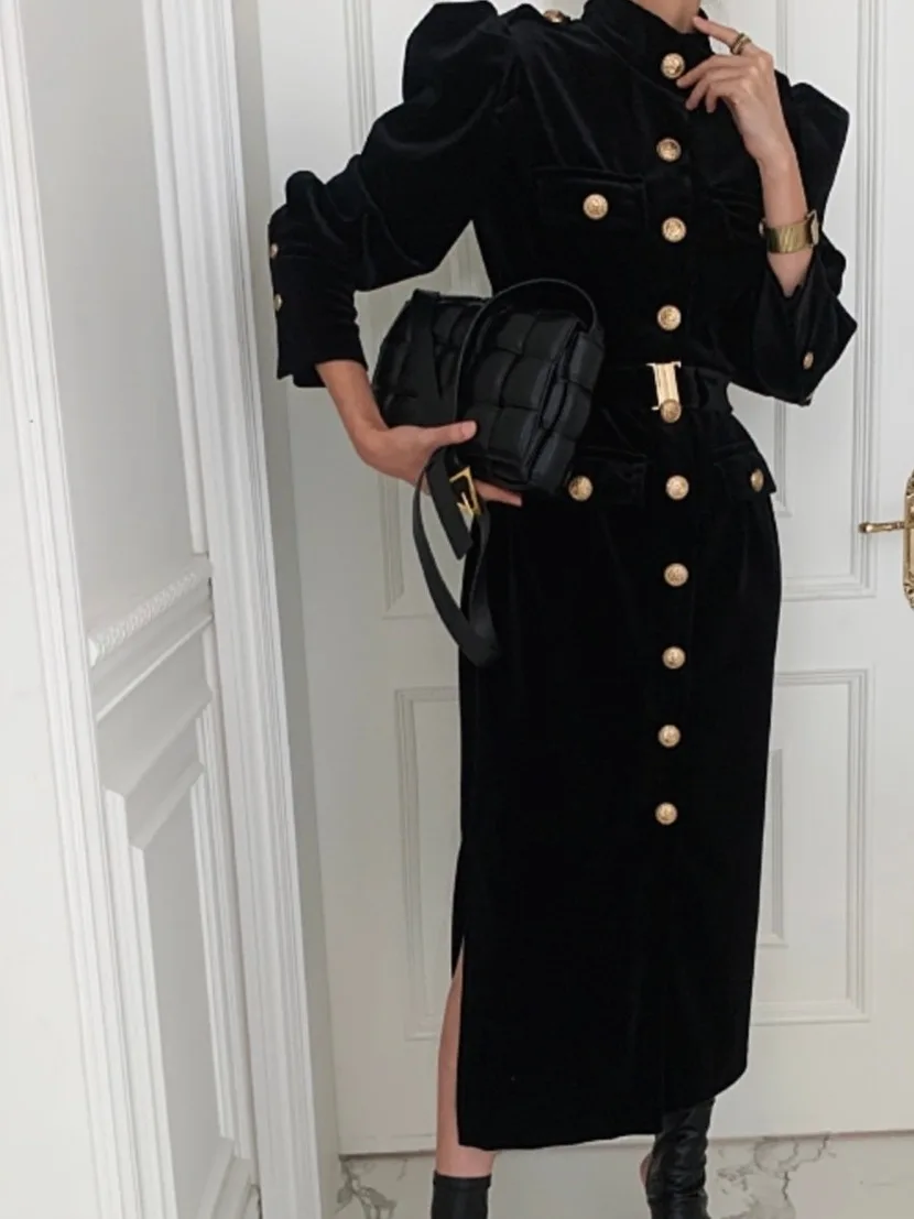 Elegant Velvet Long Dress Women's Fitted A-Line Skirt Single Button Stand Collar Slimming Workwear Style Korean Fashion - view 2